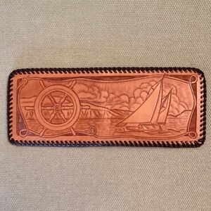 Unused vintage 50s 60s wallet billfold, embossed leather with sailboat and wheel